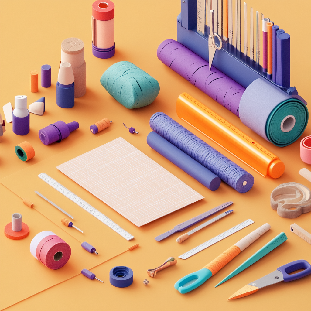 Stylized 3D illustration in a bubbly style showing tools of design. Ironically, since the image is AI generated, some of the tools are not true representations, such as a single head scissors.
