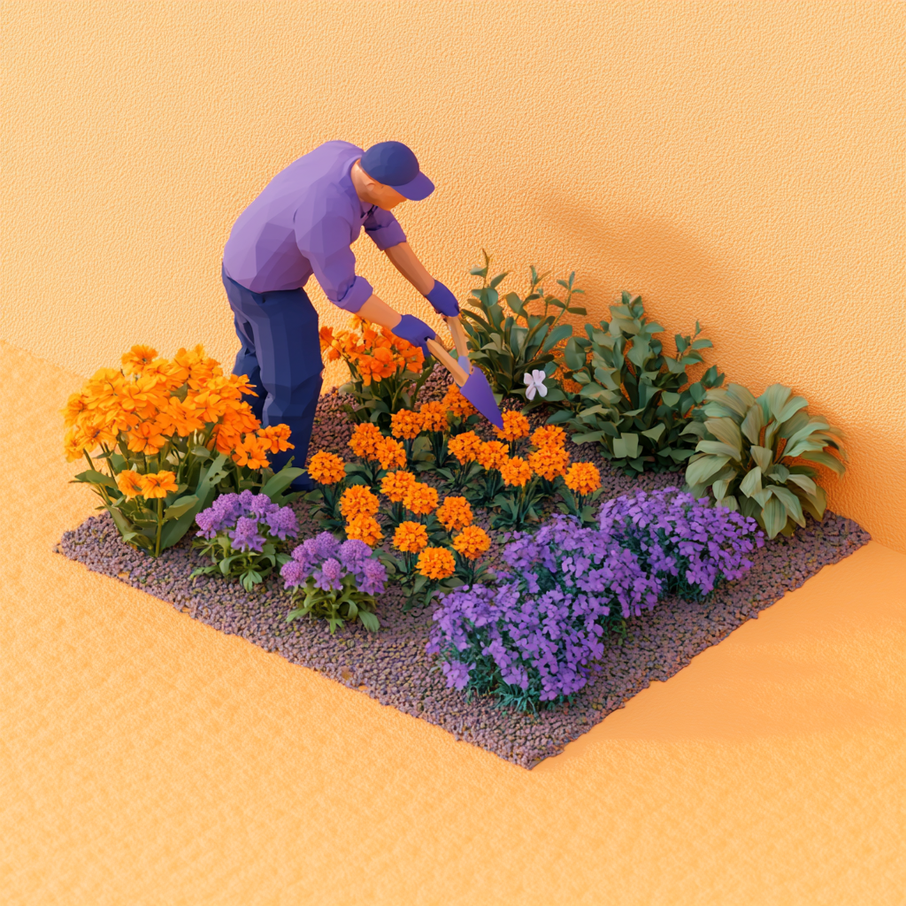 Stylized 3D AI-generated illustration of a gardener in blue pants, purple shirt, and blue cap tending to a garden. The image represents leadership through attention, nourishment, support.