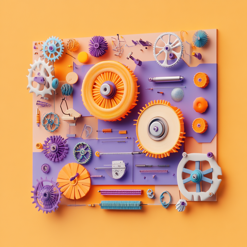 Stylized 3D AI-generated illustration of a wall mounted machine made of different sized and colored gears. The image represents efficient and collaborative processes.