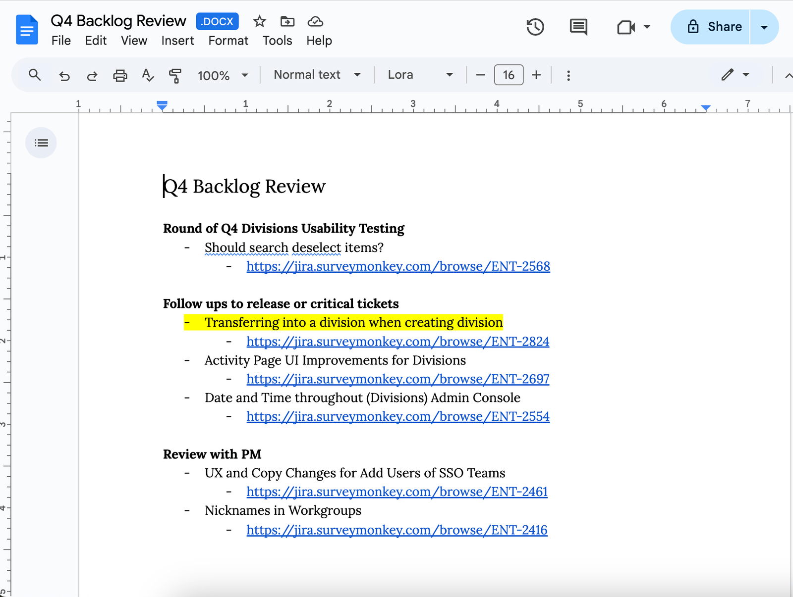 List of open UX Backlog tickets from sample grooming meeting